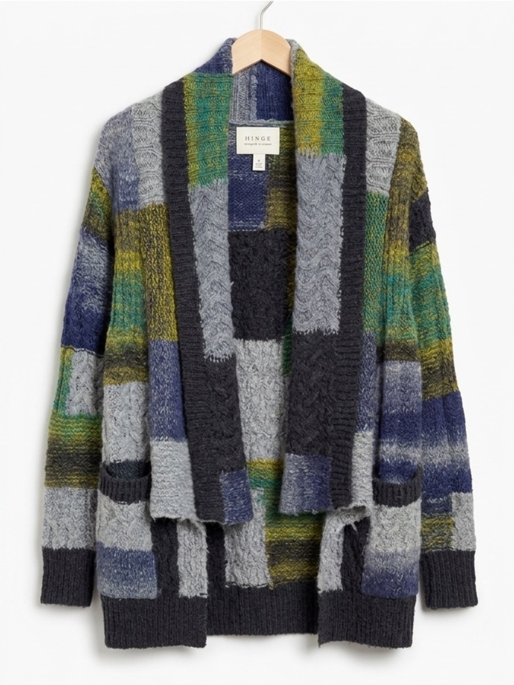 Hinge Patchwork Knit Cardigan Sweater Blue Green Boho Coastal Grandma Hippie XS